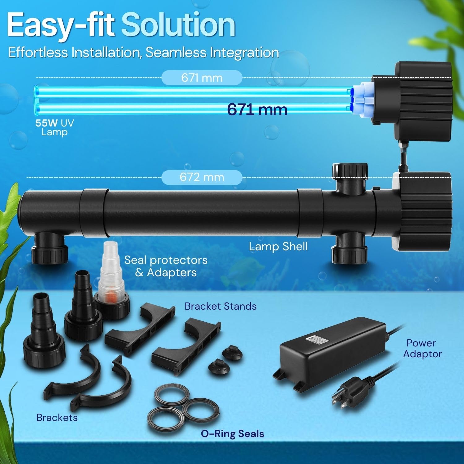 Flexzion Pond UV 55W: componentes y abrazaderas para montaje estable