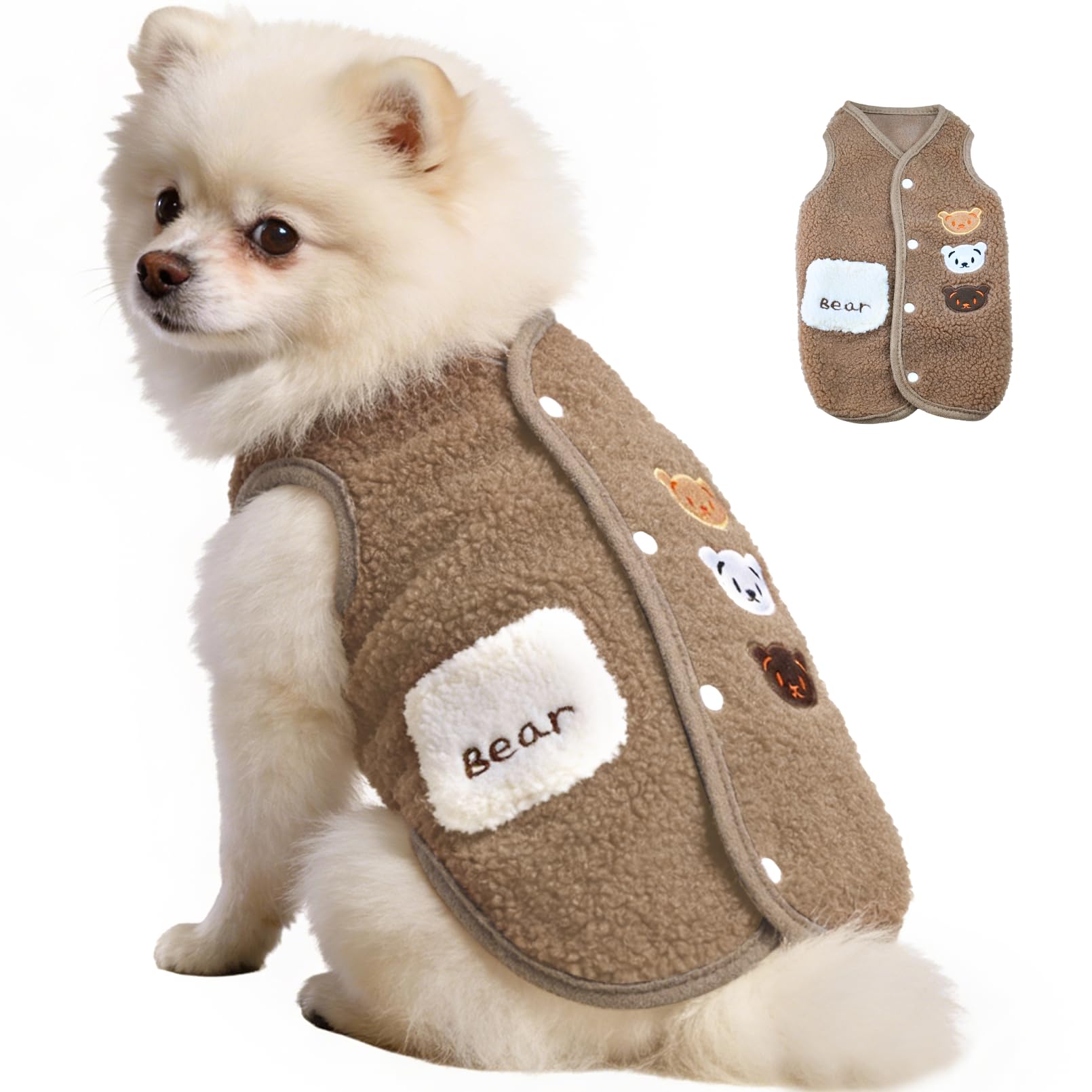 FloofeLove chaleco fleece oso bordado para paseos cálidos