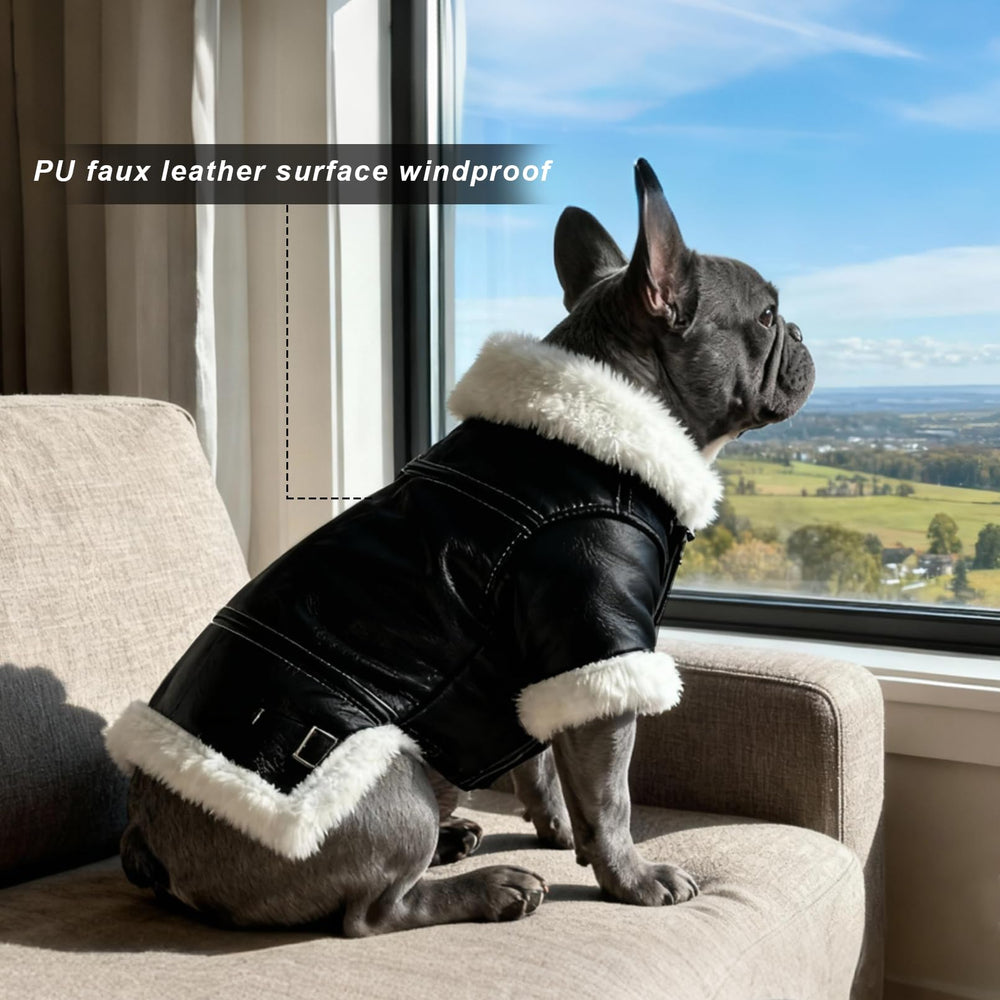 Uso diario Floofelove, chaqueta biker para perro pequeño en la ciudad.