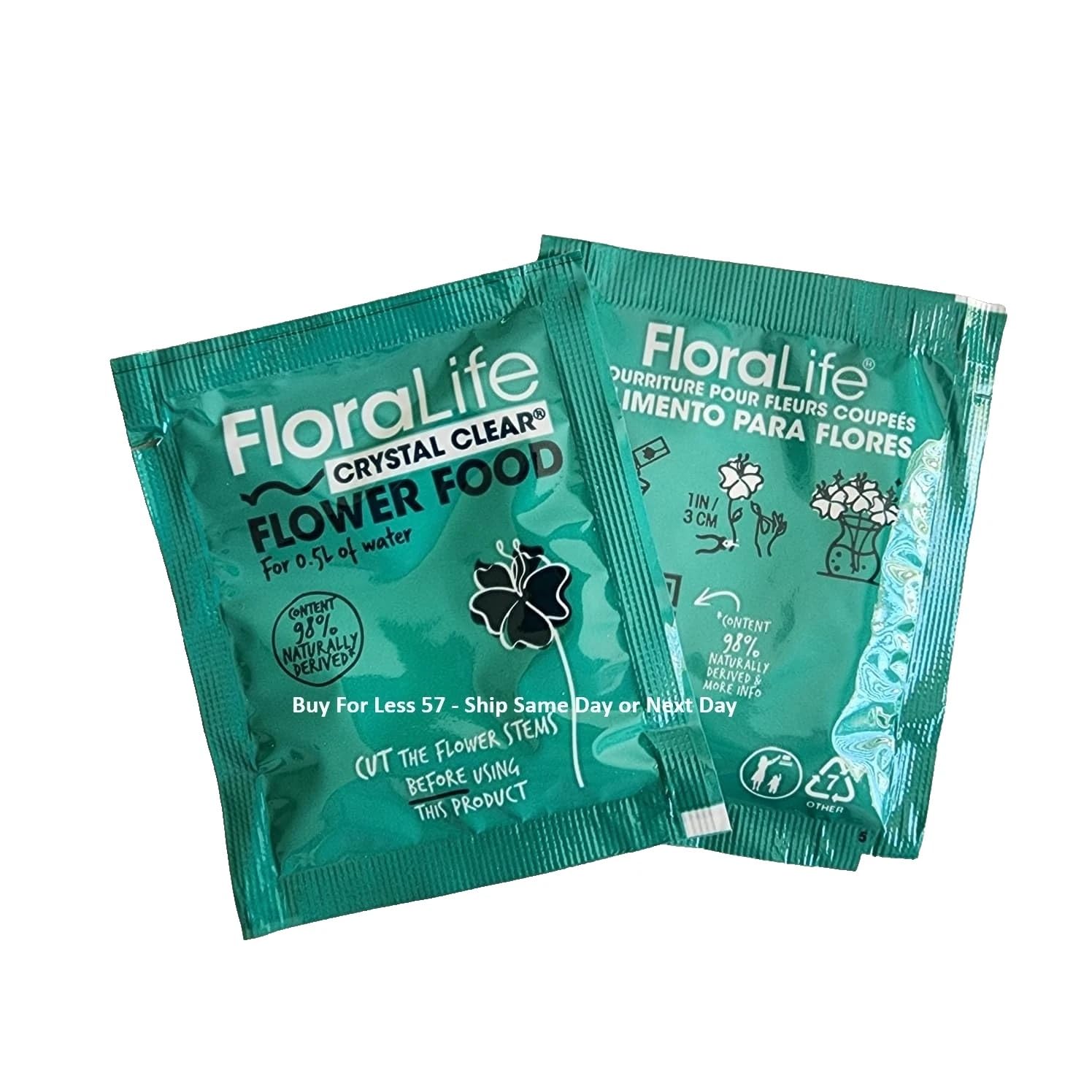 Sobres Floralife Crystal Clear de 5 g para uso inmediato.