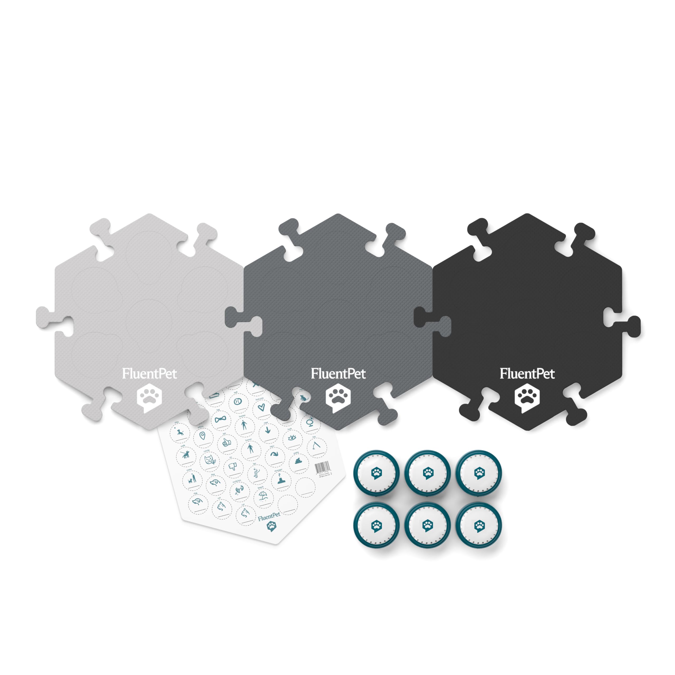 FluentPet: 3 tapetes hexagonales para organizar palabras y frases.