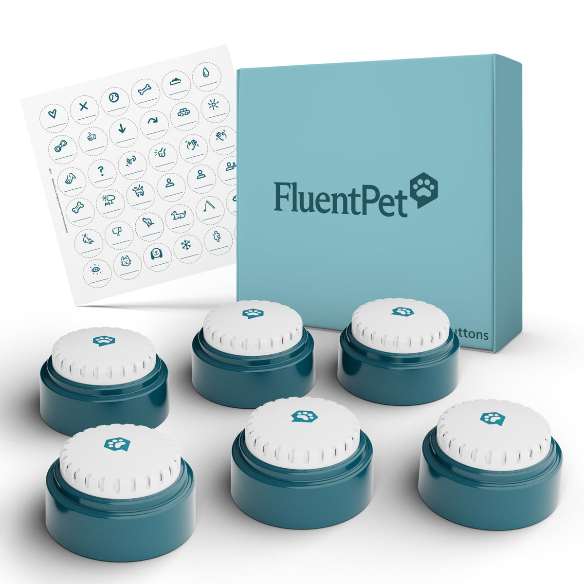 FluentPet Speak Up Button 6 Pack frente: mejora la comunicación diaria de perros y gatos.