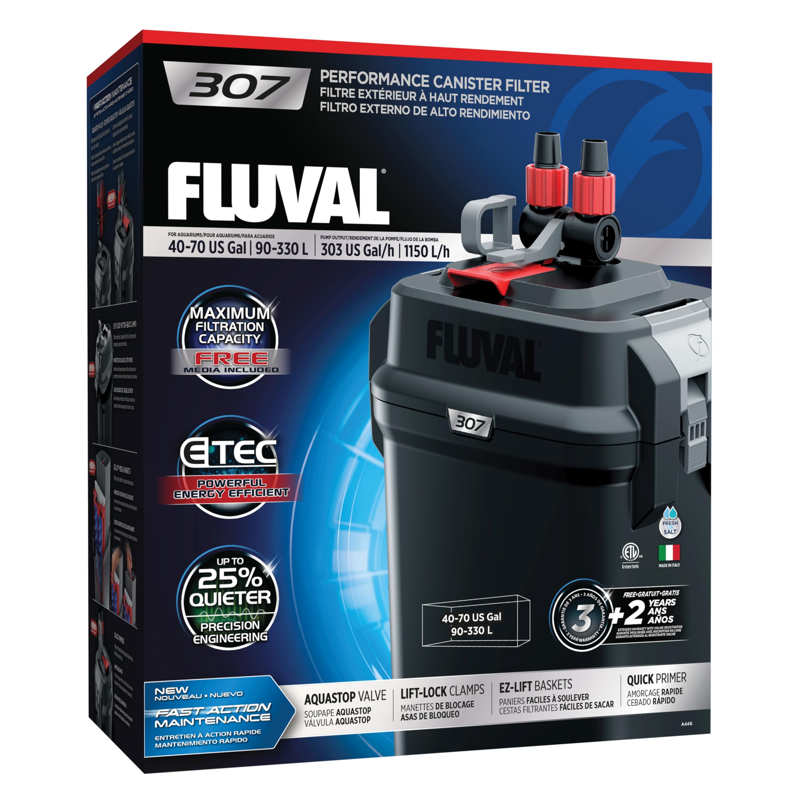 Fluval 307, filtro canister visto de frente, rendimiento robusto para acuarios grandes.