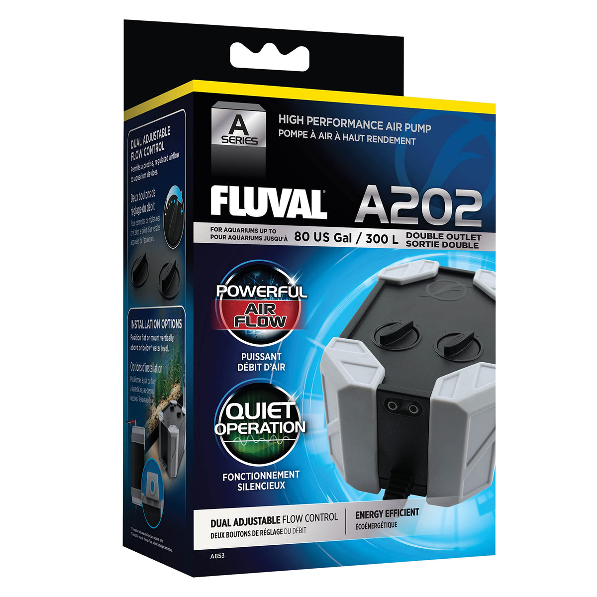 Fluval A202 bomba de aire, vista frontal, mejora circulación del agua en acuario.