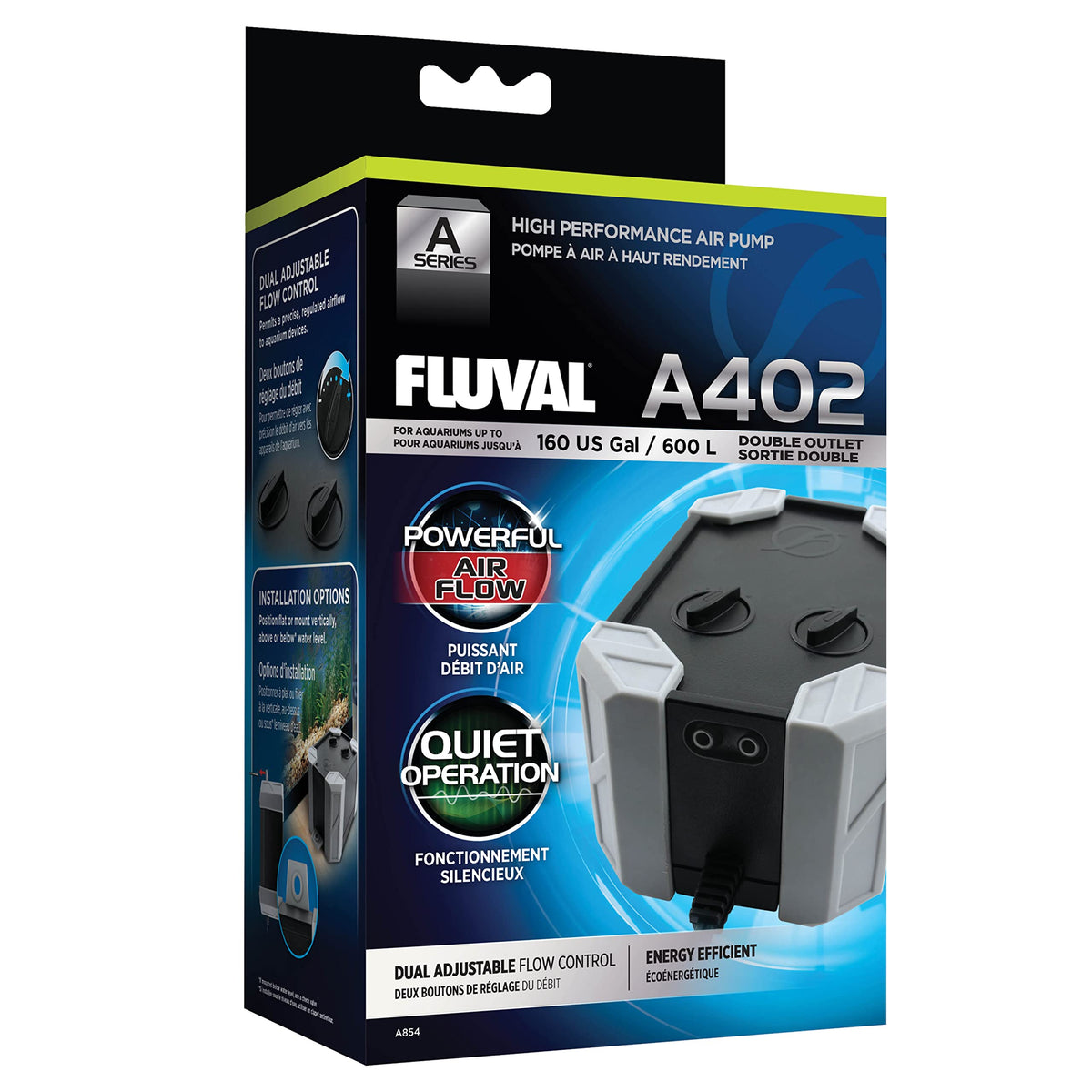 Fluval A402 bomba de aire 4W, vista frontal, mejora circulación y oxígeno en el acuario.