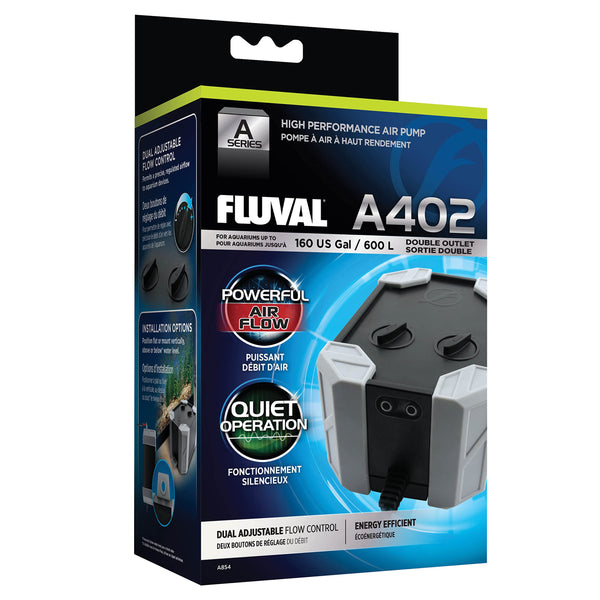 Fluval A402 bomba de aire 4W, vista frontal, mejora circulación y oxígeno en el acuario.
