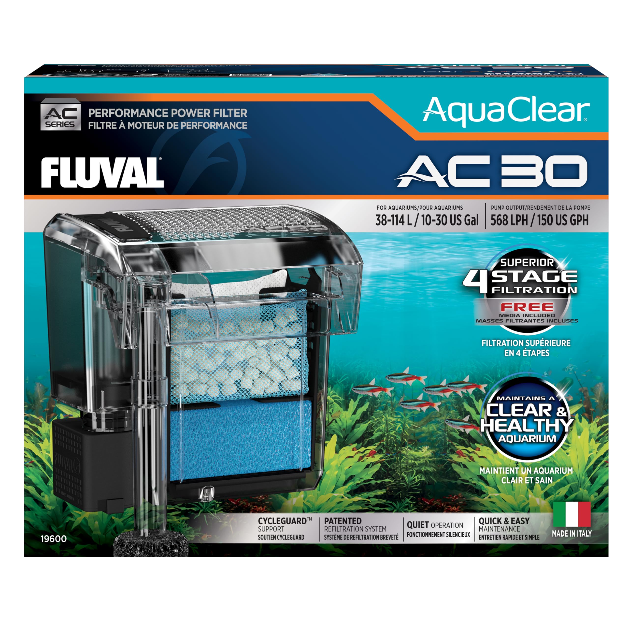 AC30 de Fluval, vista frontal del filtrador, filtración potente para acuarios.