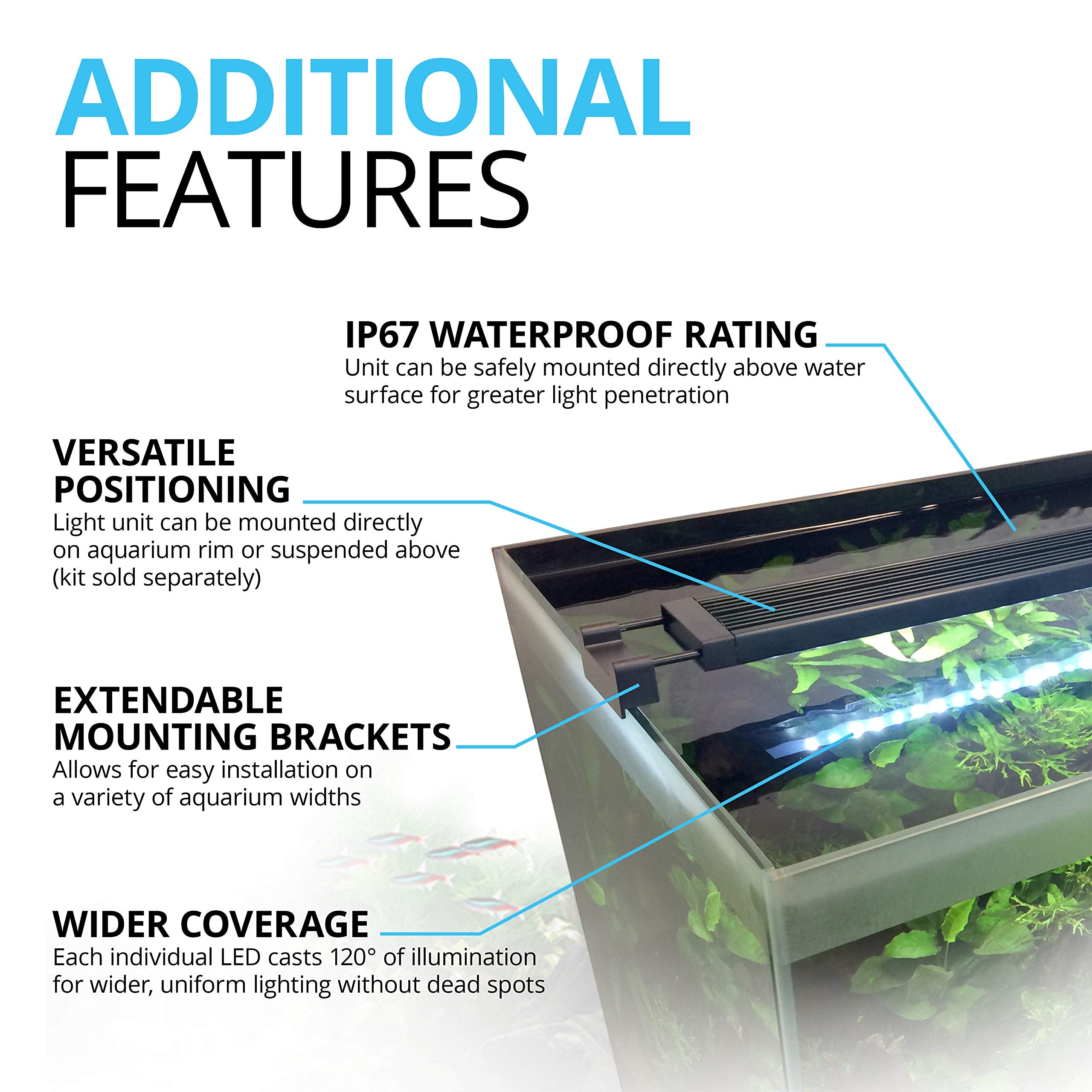 Fluval Aquasky 2.0 instala soportes extensibles en acuarios de 15–24 pulgadas.