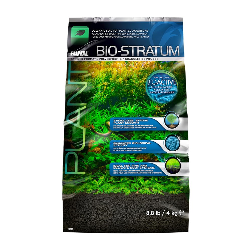 Fluval Bio-Stratum, suelo volcánico para acuarios plantados, favorece crecimiento y coloración.