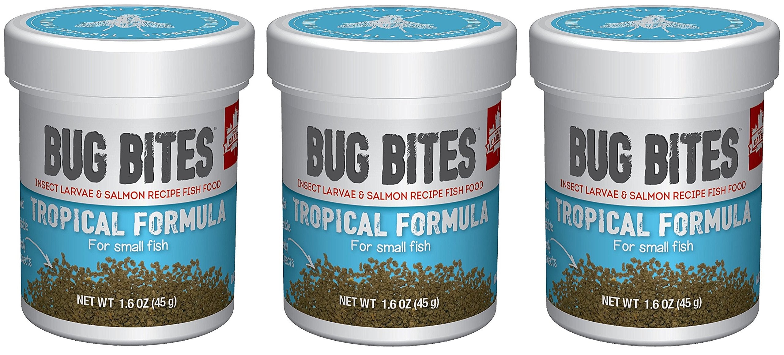 Fluval Bug Bites Tropical: tres botes visibles, alimento completo para peces tropicales pequeños y medianos.