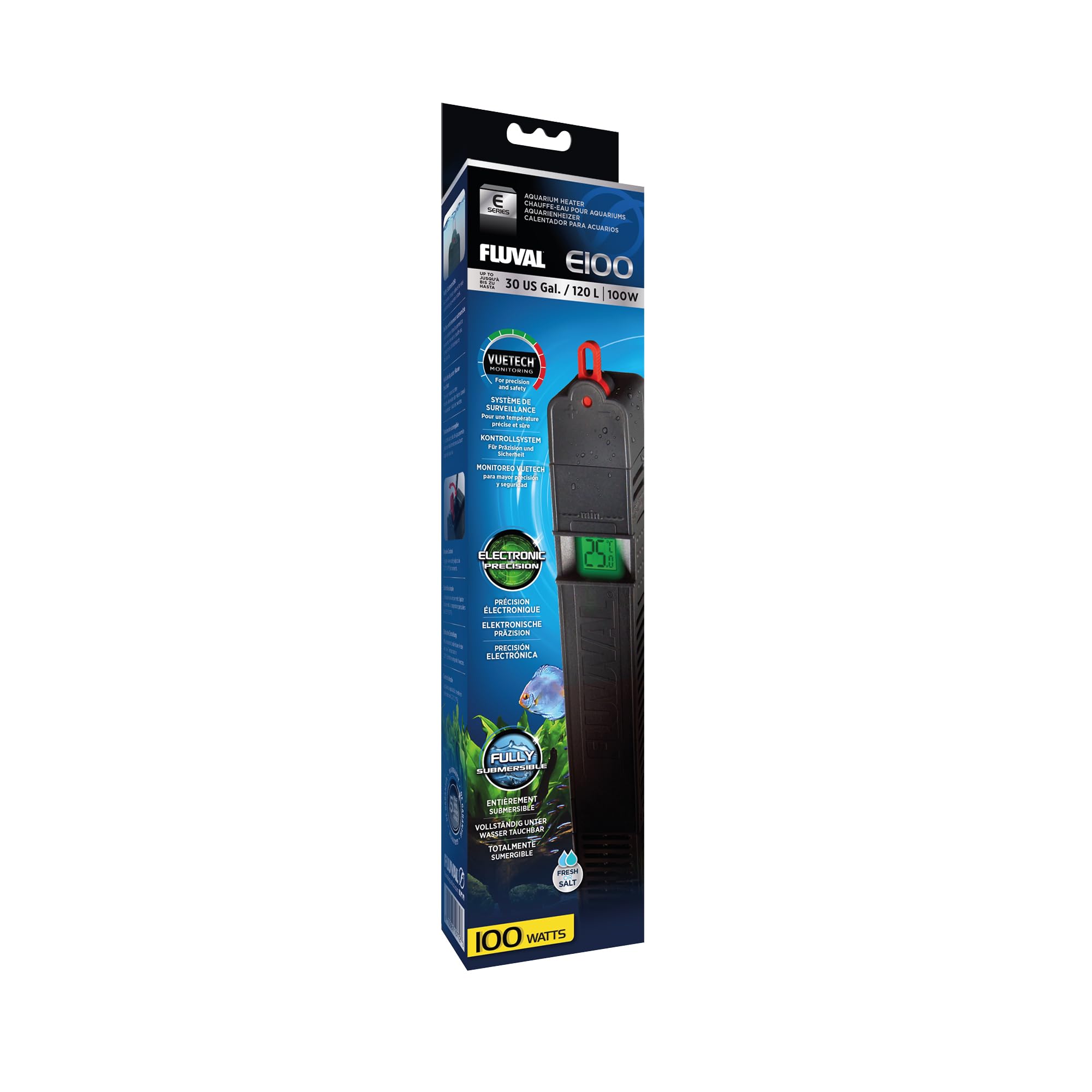 Fluval E: calentador electrónico de 100 vatios con lectura de temperatura en tiempo real.