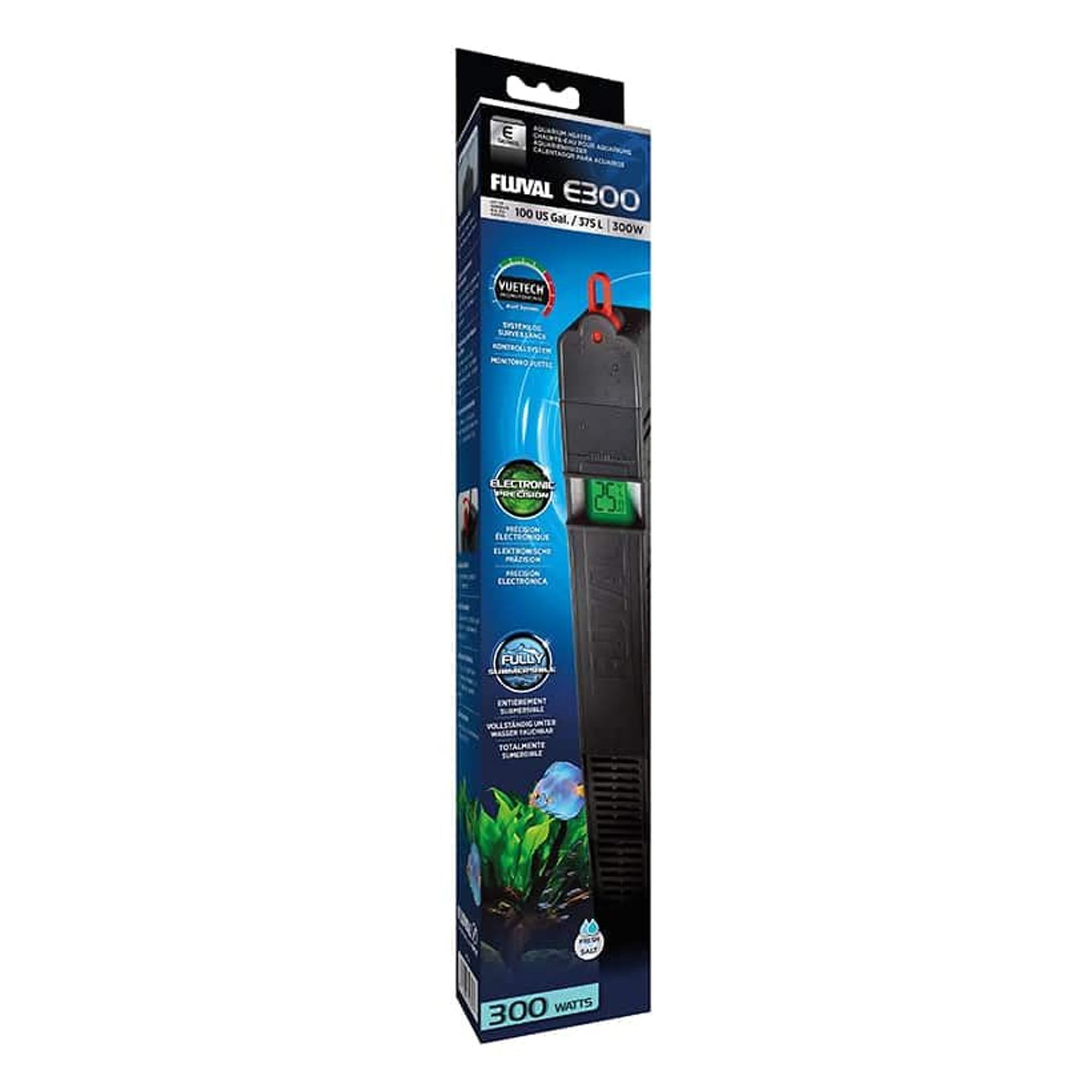 Fluval E300 vista frontal, diseño compacto con control preciso de temperatura.