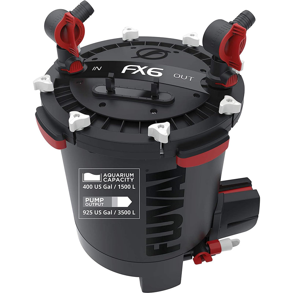 Frente del filtro Fluval FX6 mostrando el diseño compacto para acuarios grandes