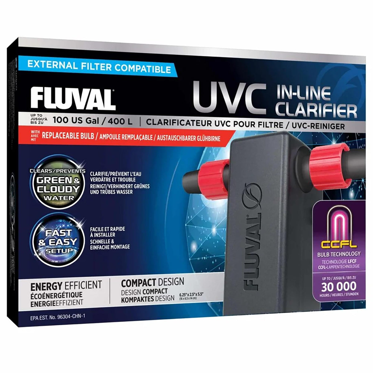 Fluval In Line UVC Clarifier, vista frontal, mejora la claridad del agua del acuario.