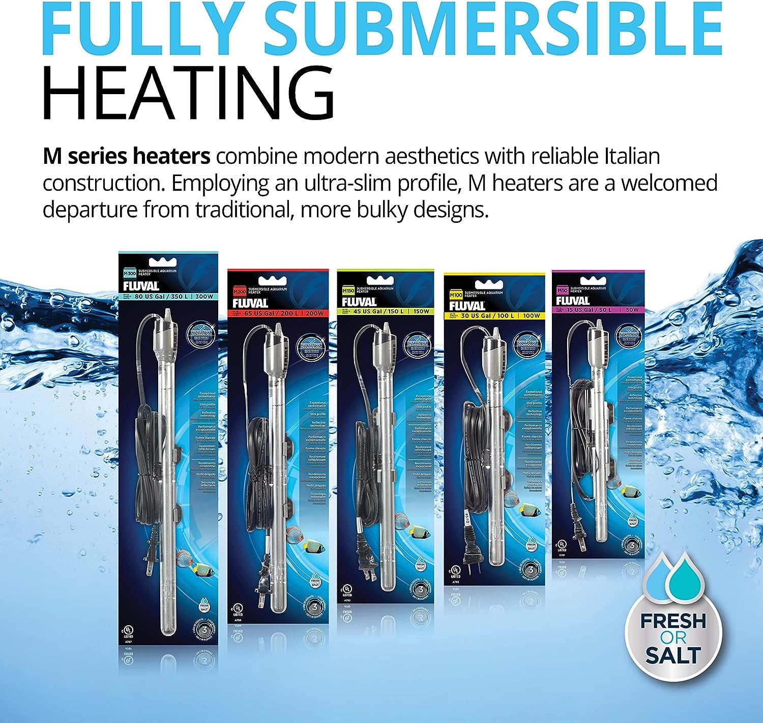 Calentador Fluval M 200W con tecnología espejo que se integra visualmente al acuario