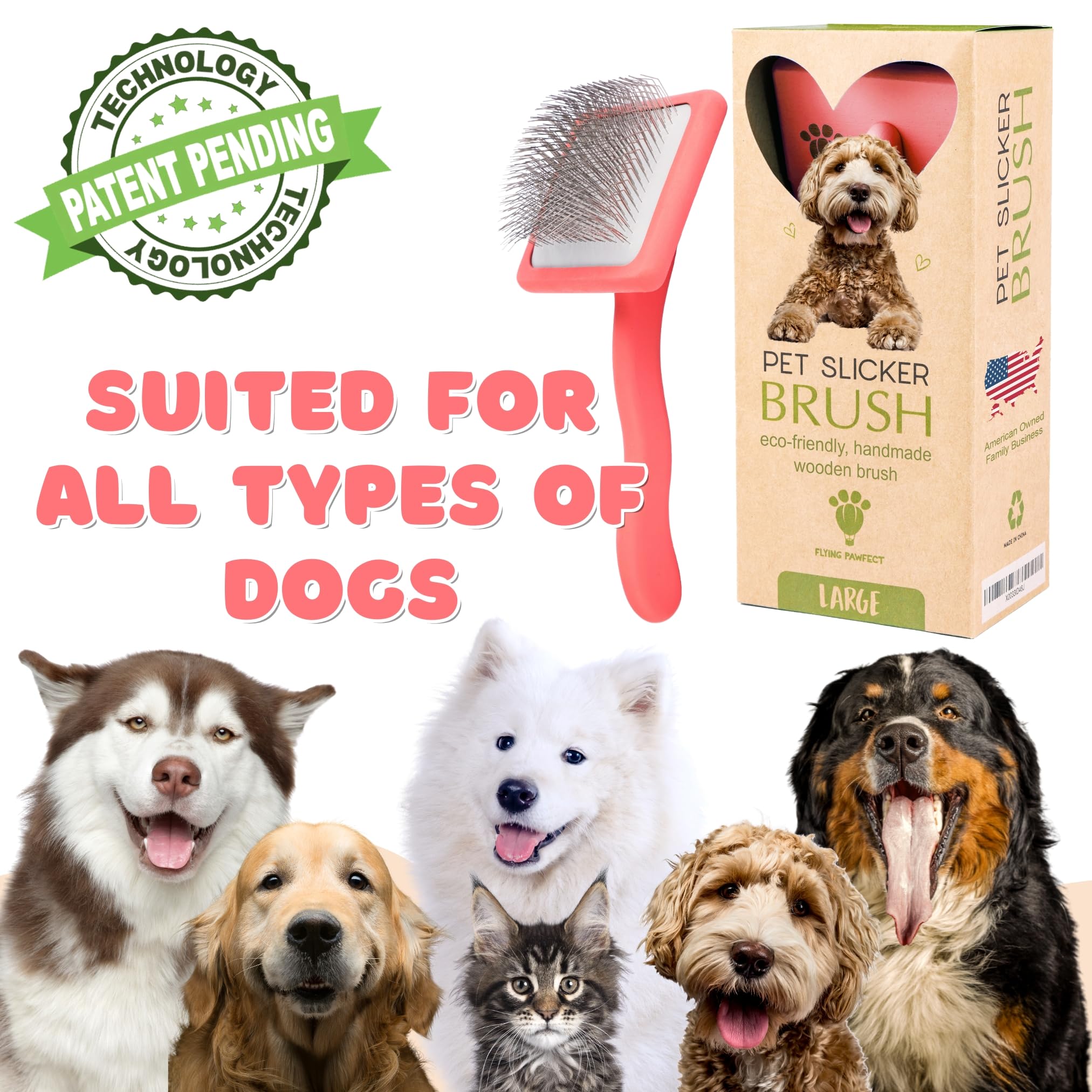 Flying Pawfect cepillo con mango ergonómico y antideslizante para mayor control.