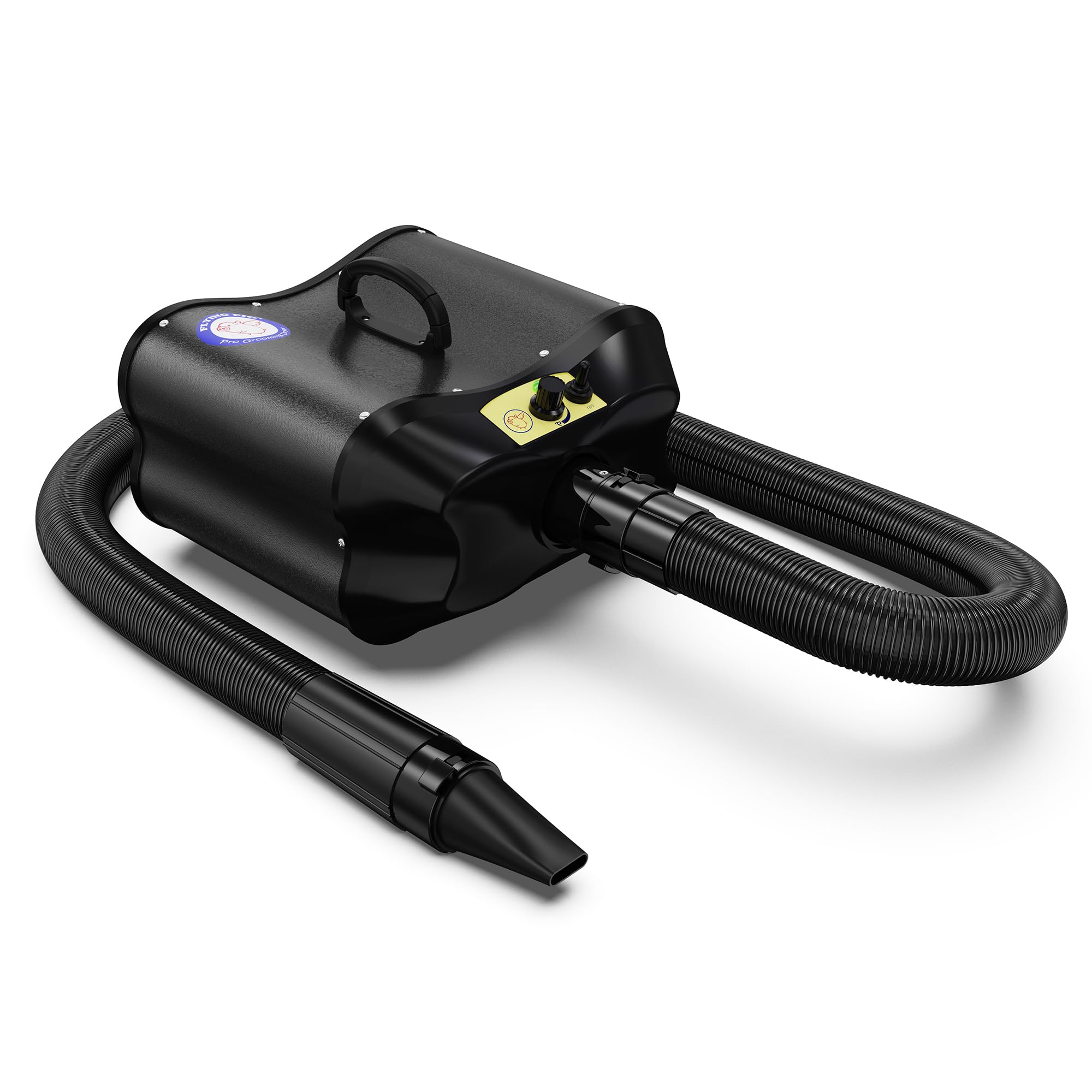 Secador Flying Pig Grooming con motor doble para pelo denso y secado rápido.