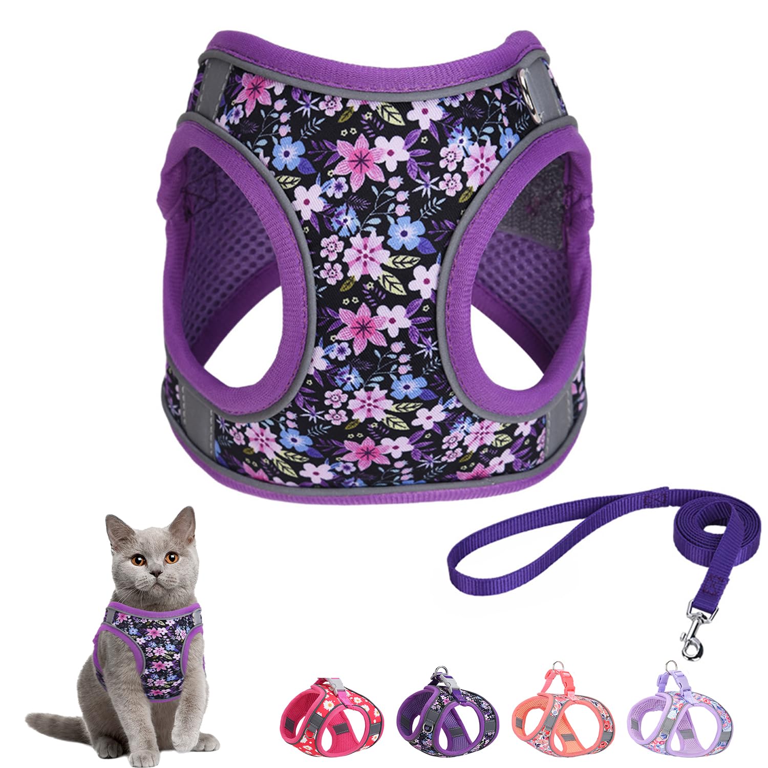 Arnés Flymind Step-In con flor morada para paseos cómodos.