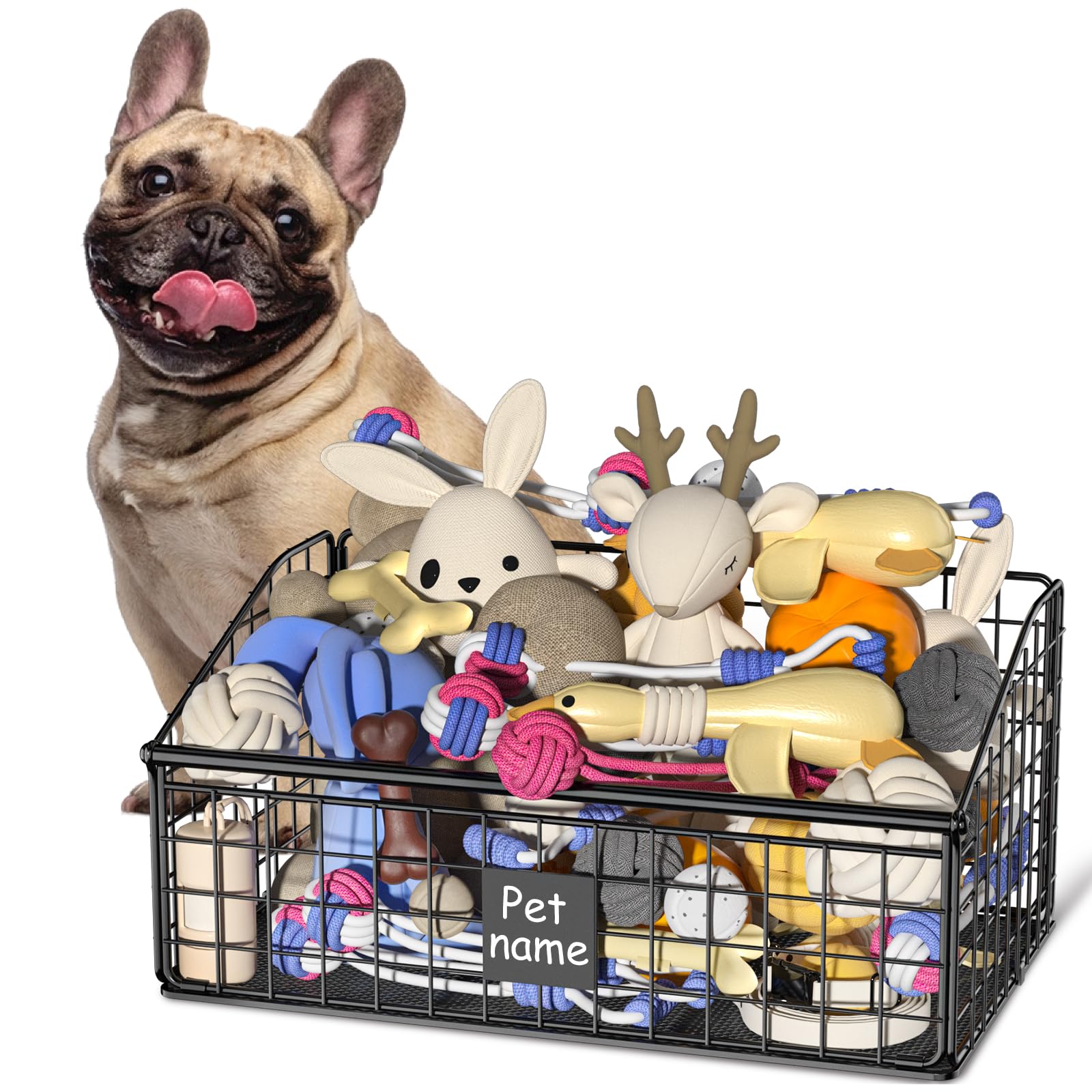 Foellstoe cesta de juguetes para perro, duradera y de metal para almacenamiento seguro.