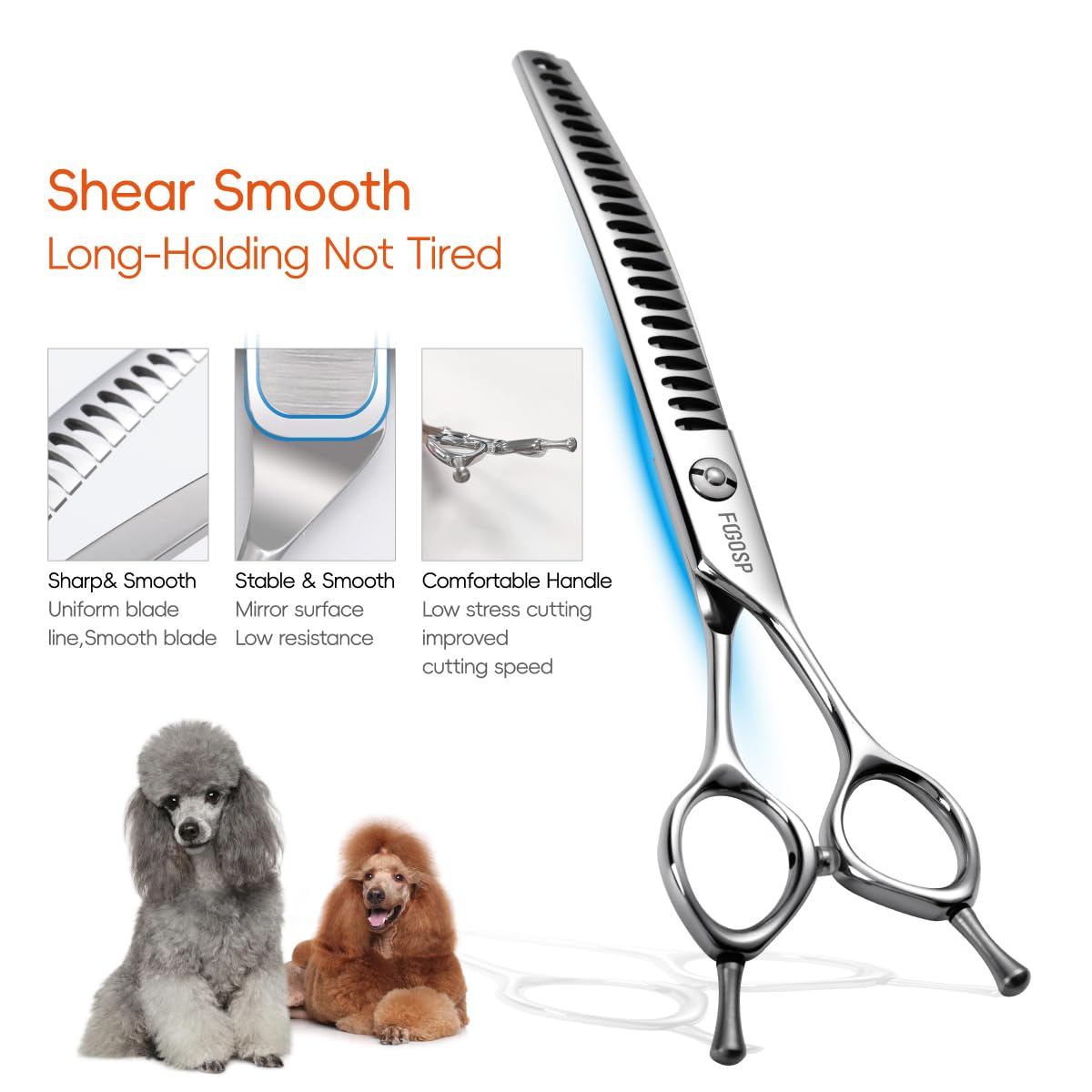 FOGOSP tijeras curvadas para patas y cola, corte suave y controlado.