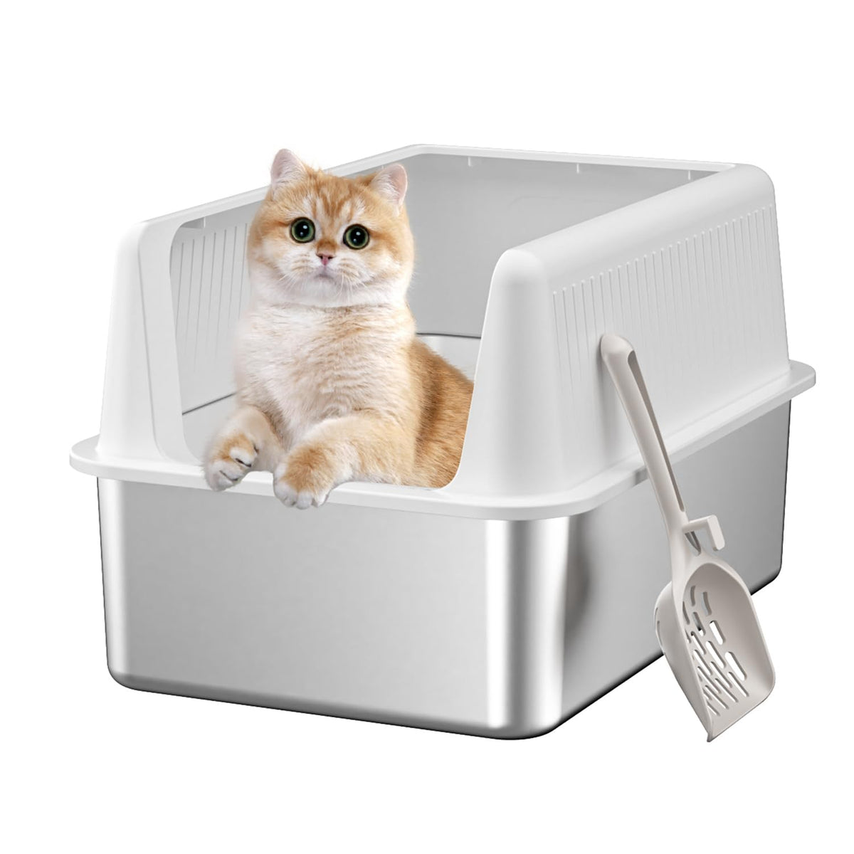 Fooalgo bandeja de acero inoxidable para gatos, vista superior con tapa