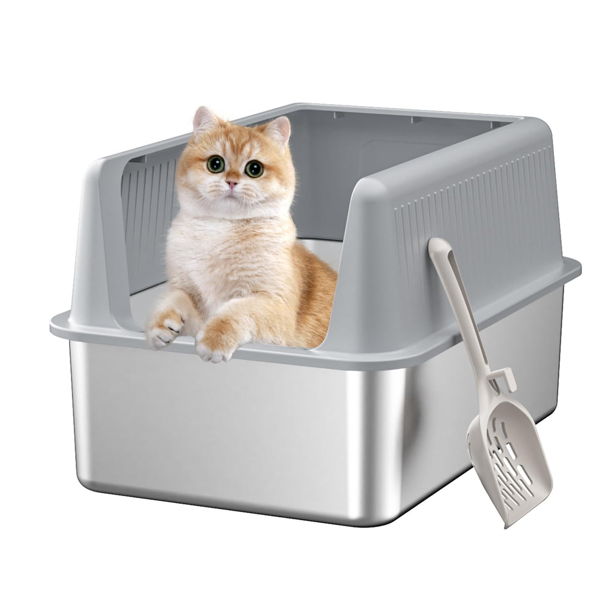 Fooalgo caja de arena de acero inoxidable con tapa, ideal para gatos grandes