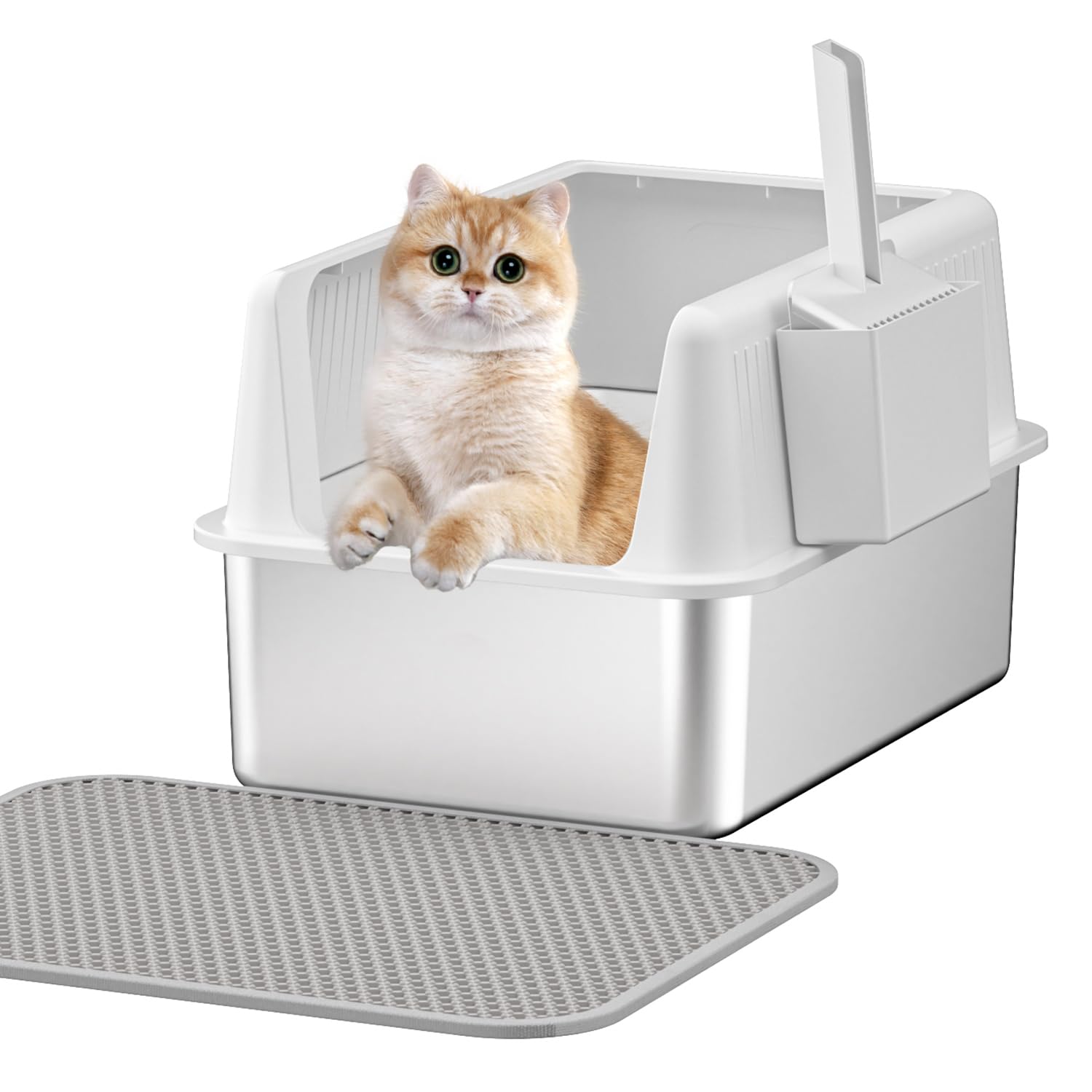Fooalgo inodoro para gatos de acero inoxidable con tapa XL, ideal para gatos grandes.