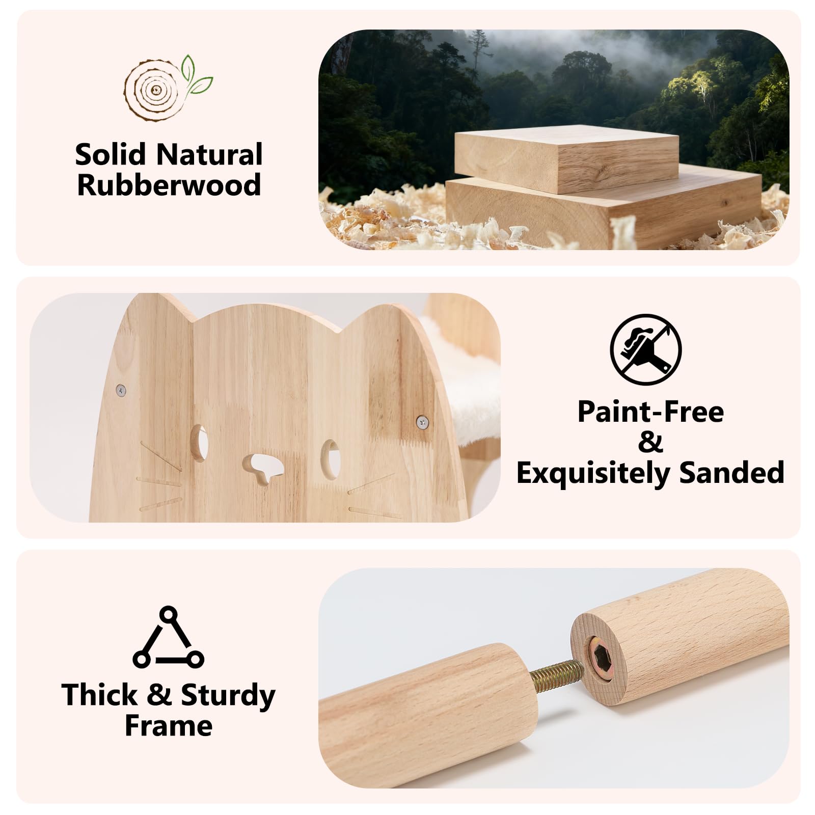 Fopeat cama-gato base de madera caucho, estructura estable para saltos.