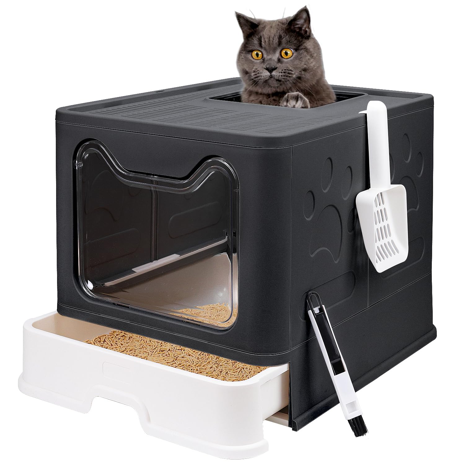 Fophop Bandeja de arena para gato plegable con tapa, fácil de guardar.