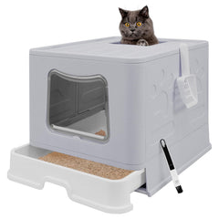 La caja Fophop XL plegable con tapa gris, vista frontal, facilita almacenamiento.