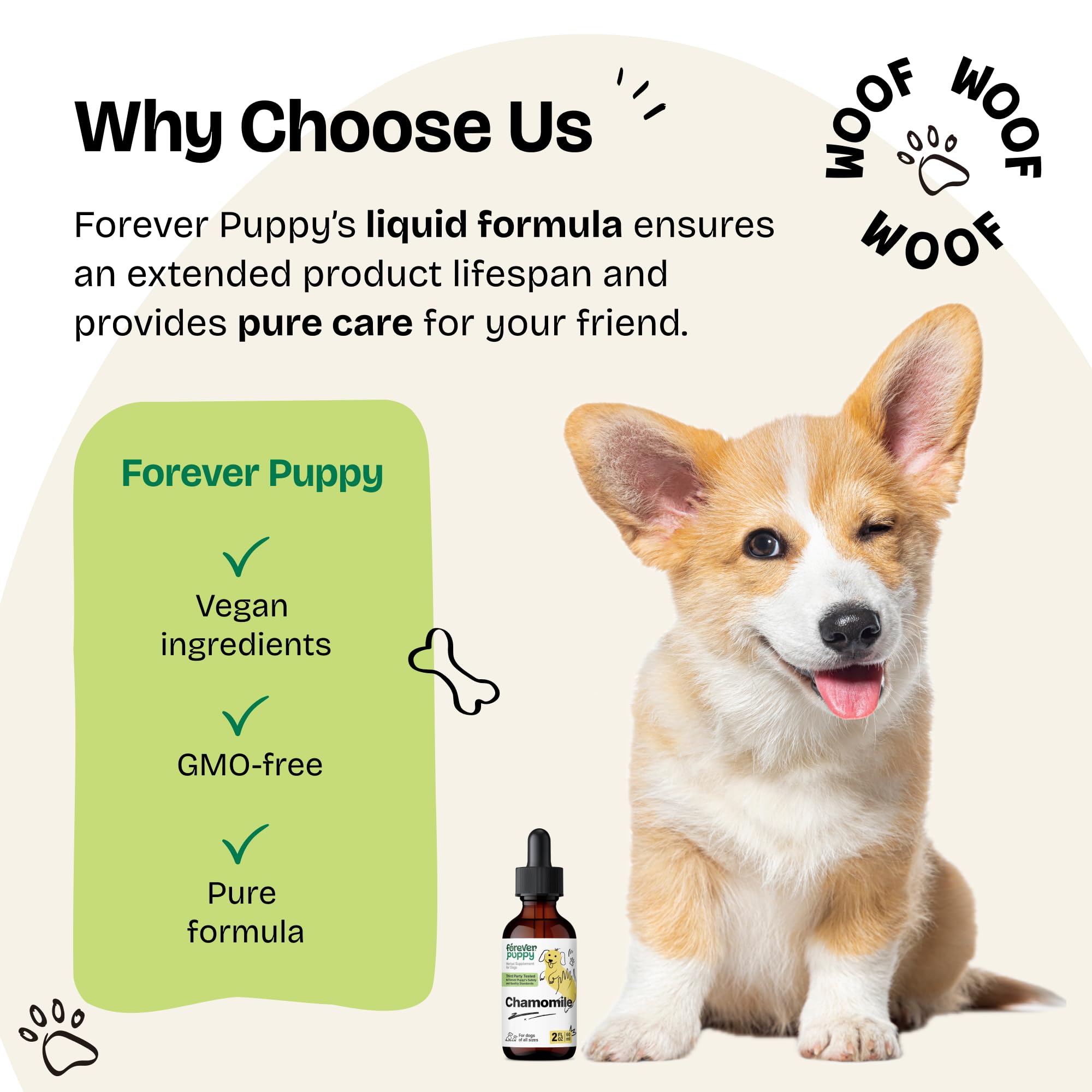 Forever Puppy Gotas de manzanilla, frasco 2oz, fórmula limpia sin azúcar ni alcohol.