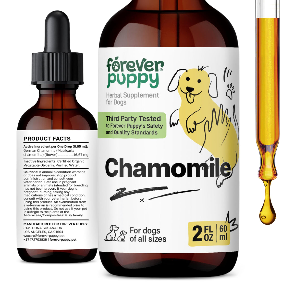 Forever Puppy Gotas de manzanilla para perros, frasco, apoyo digestivo suave tras las comidas.