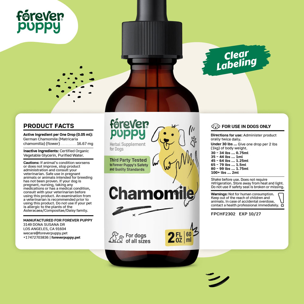 Forever Puppy Gotas de manzanilla para uso diario, complemento suave para el bienestar digestivo.