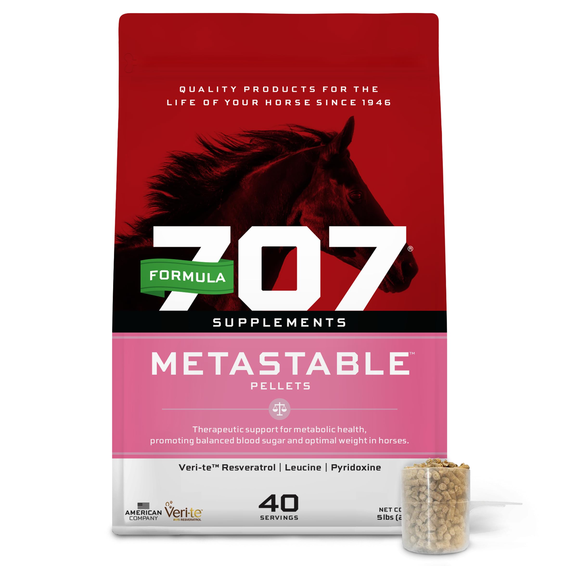 Formula 707 MetaStable Pellets en bolsa de 5 lb, fácil de incorporar a la ración diaria.