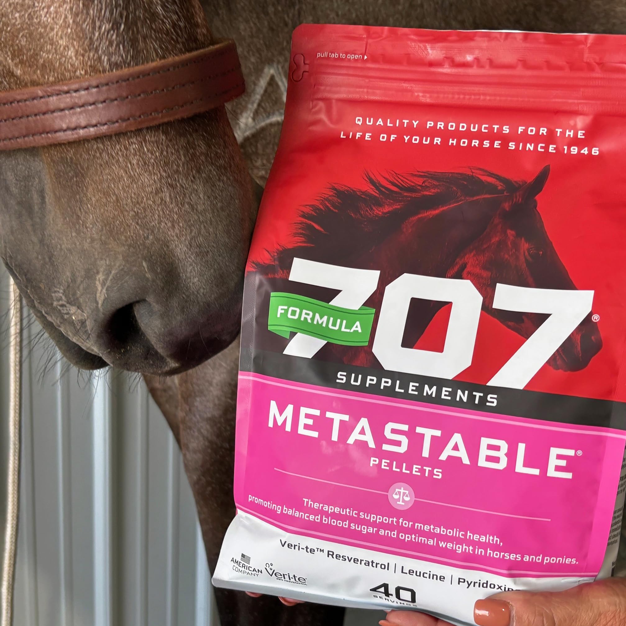 Textura de pellets de Formula 707 MetaStable, fácil de masticar para caballos.