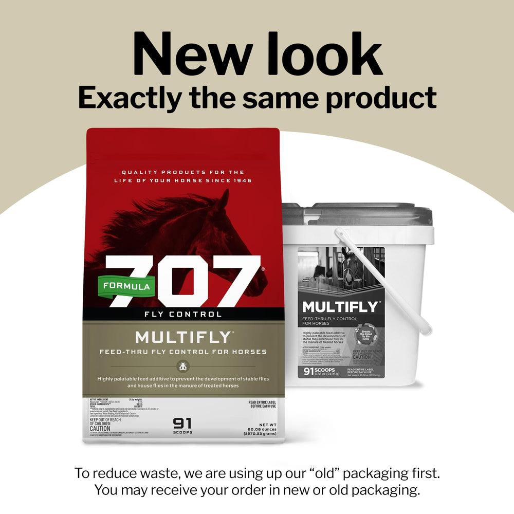Envase de 5 lb de Formula 707 Multifly, práctico para establos.