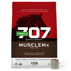 Formula 707 MuscleMx, botella de suplemento, ayuda a definir la musculatura del caballo.