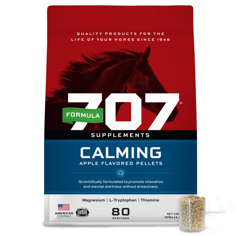 Formula 707: botella de suplemento calmante para caballos; favorece relajación y enfoque.