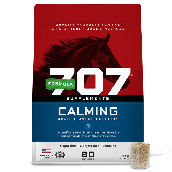 Formula 707: botella de suplemento calmante para caballos; favorece relajación y enfoque.