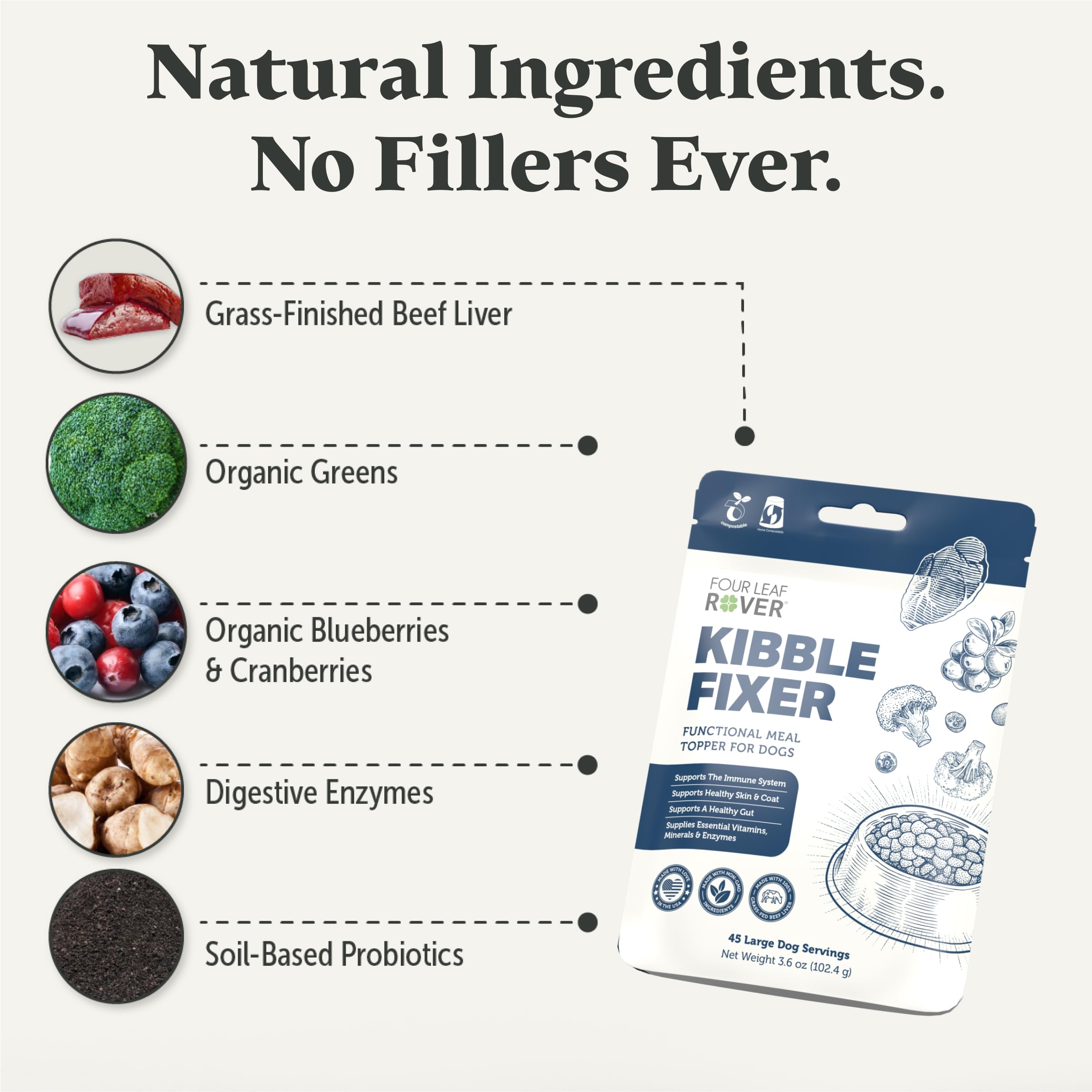 FOUR LEAF ROVER Kibble Fixer enzimas digestivas para mejor absorción de nutrientes