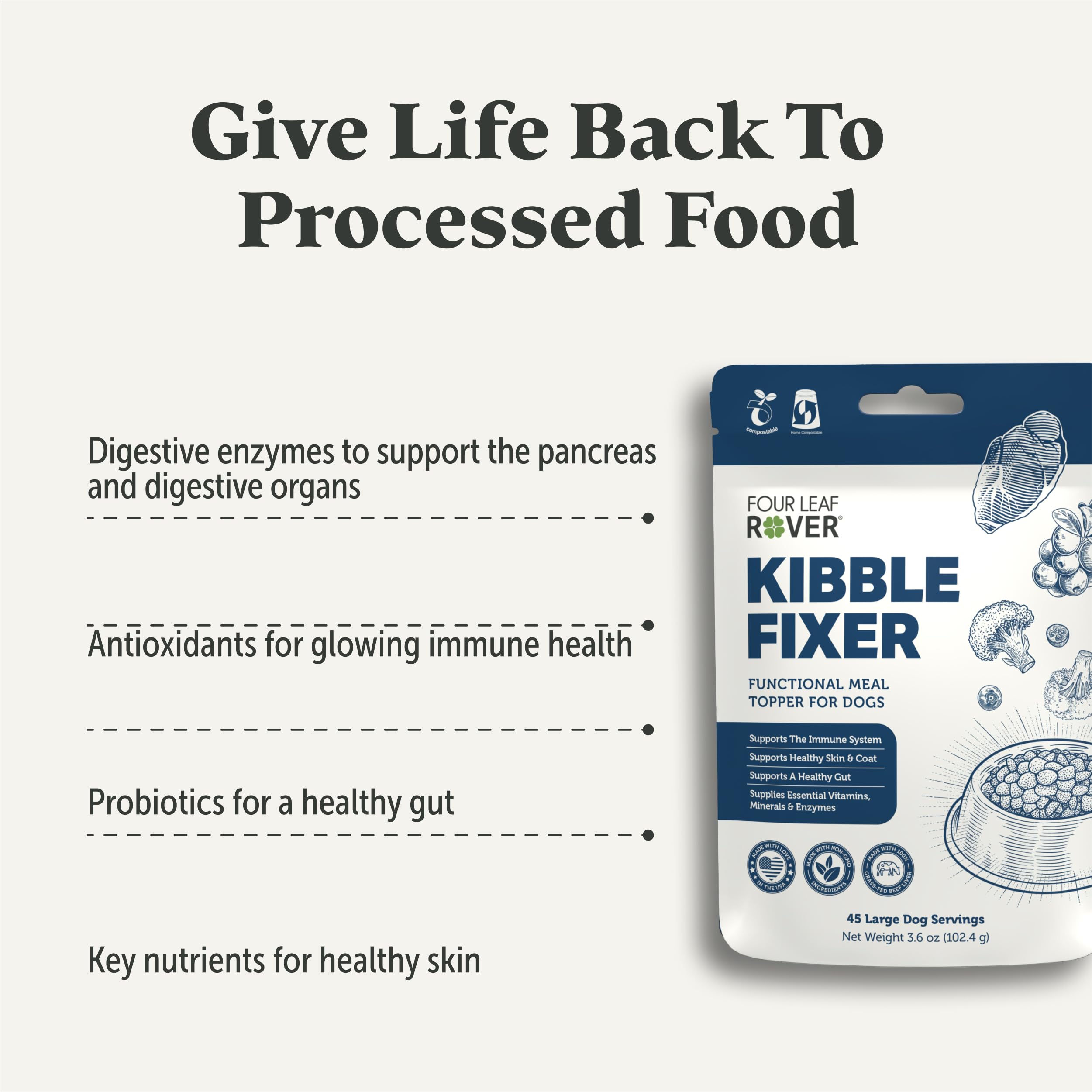 FOUR LEAF ROVER Kibble Fixer probióticos para equilibrio intestinal del perro