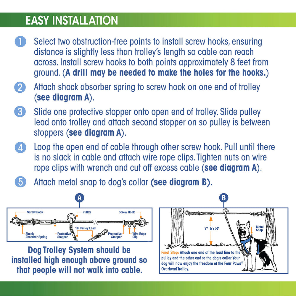 Four Paws cable para perros en jardines grandes, ideal para patios extensos.