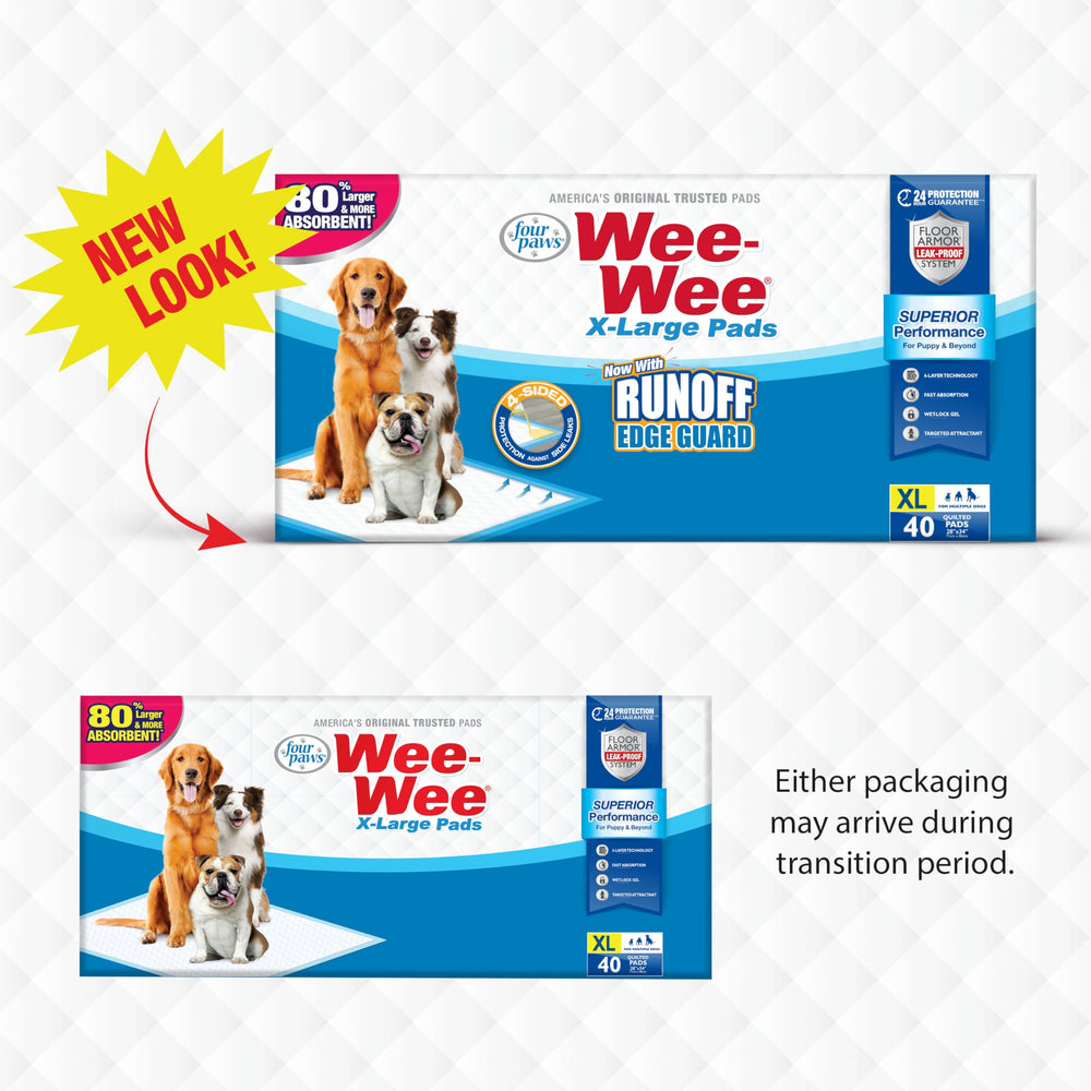 Four Paws Wee-Wee Pad mayor absorción para mayor protección.
