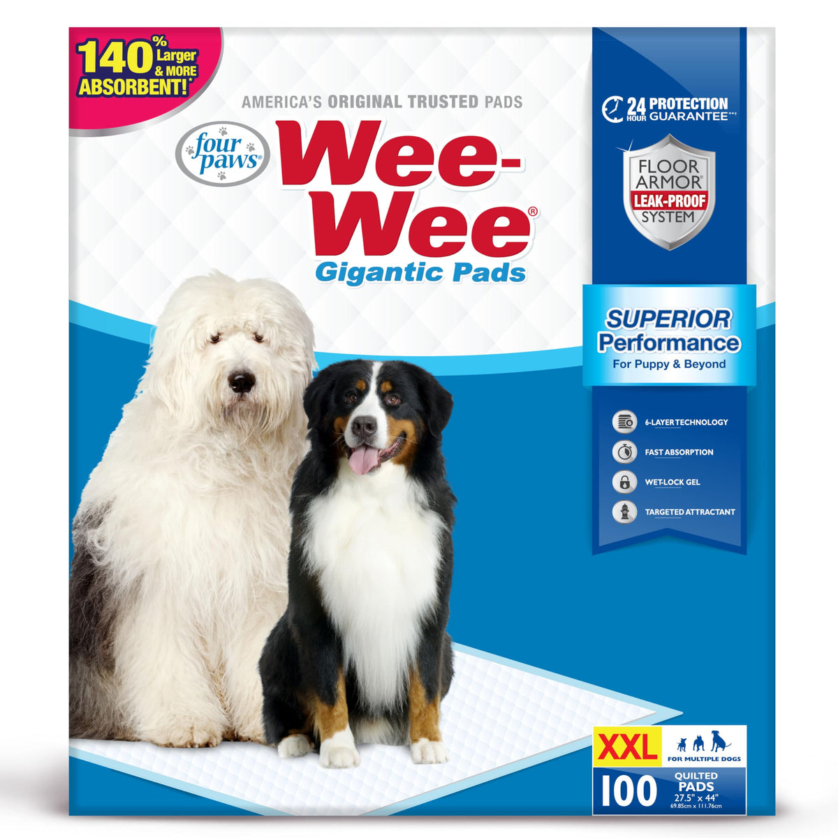 Four Paws Wee-Wee Pad ofrece cobertura grande para perros grandes en interiores.