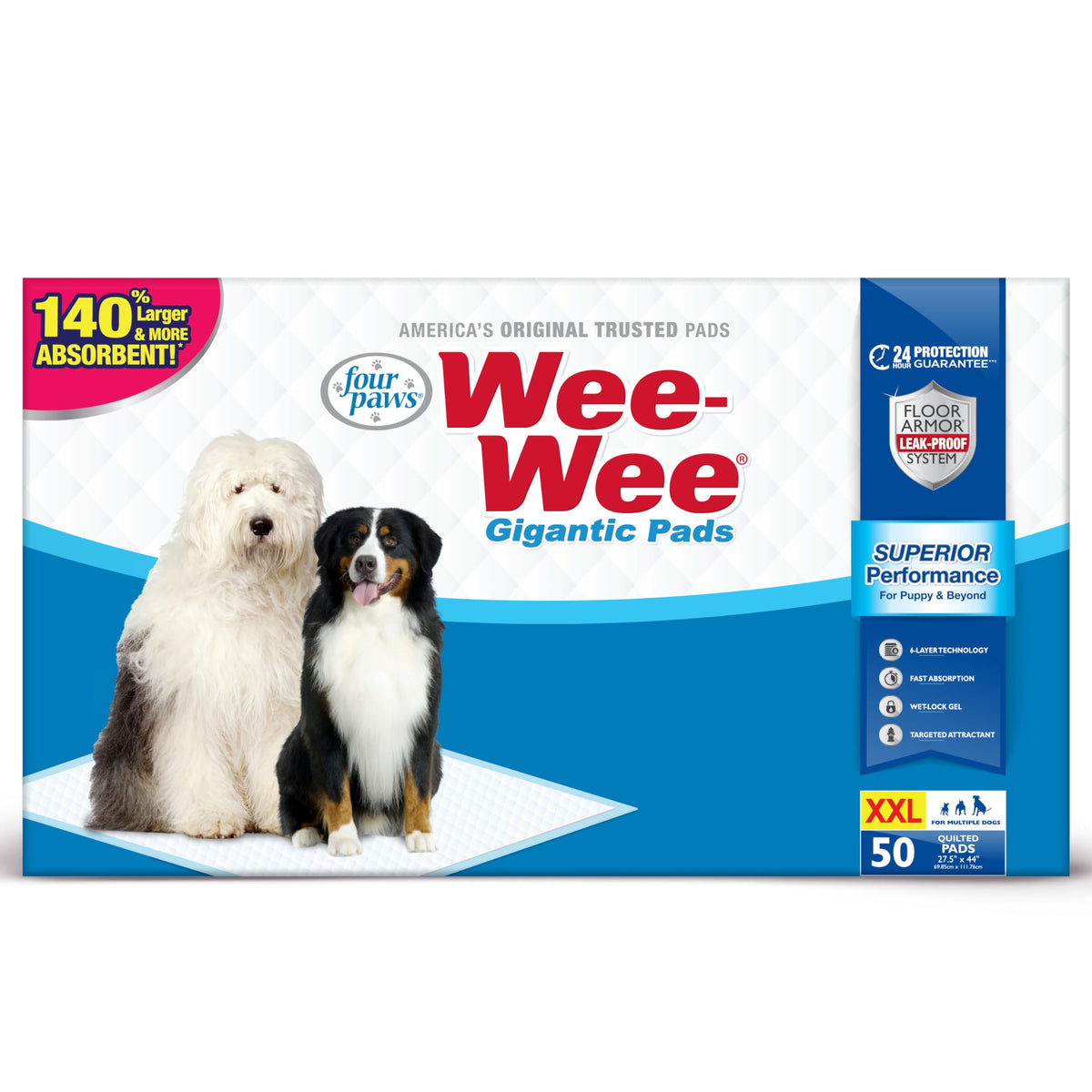 Four Paws Wee-Wee Pad, dimensiones 27,5x44, protección duradera para perros grandes.