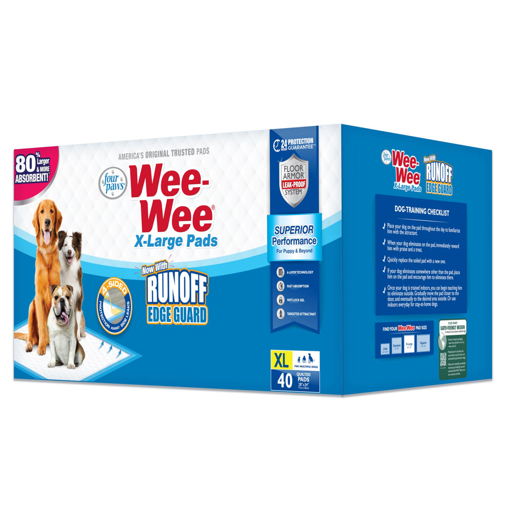 Four Paws Wee-Wee Pad con Runoff Guard protege el suelo.