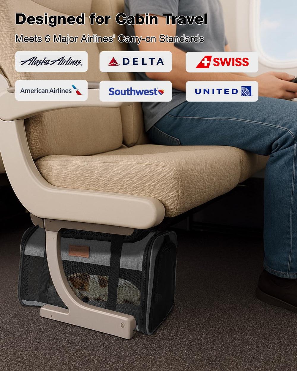 FOXFOCUS transportín con entrada superior, fácil de colocar bajo el asiento.