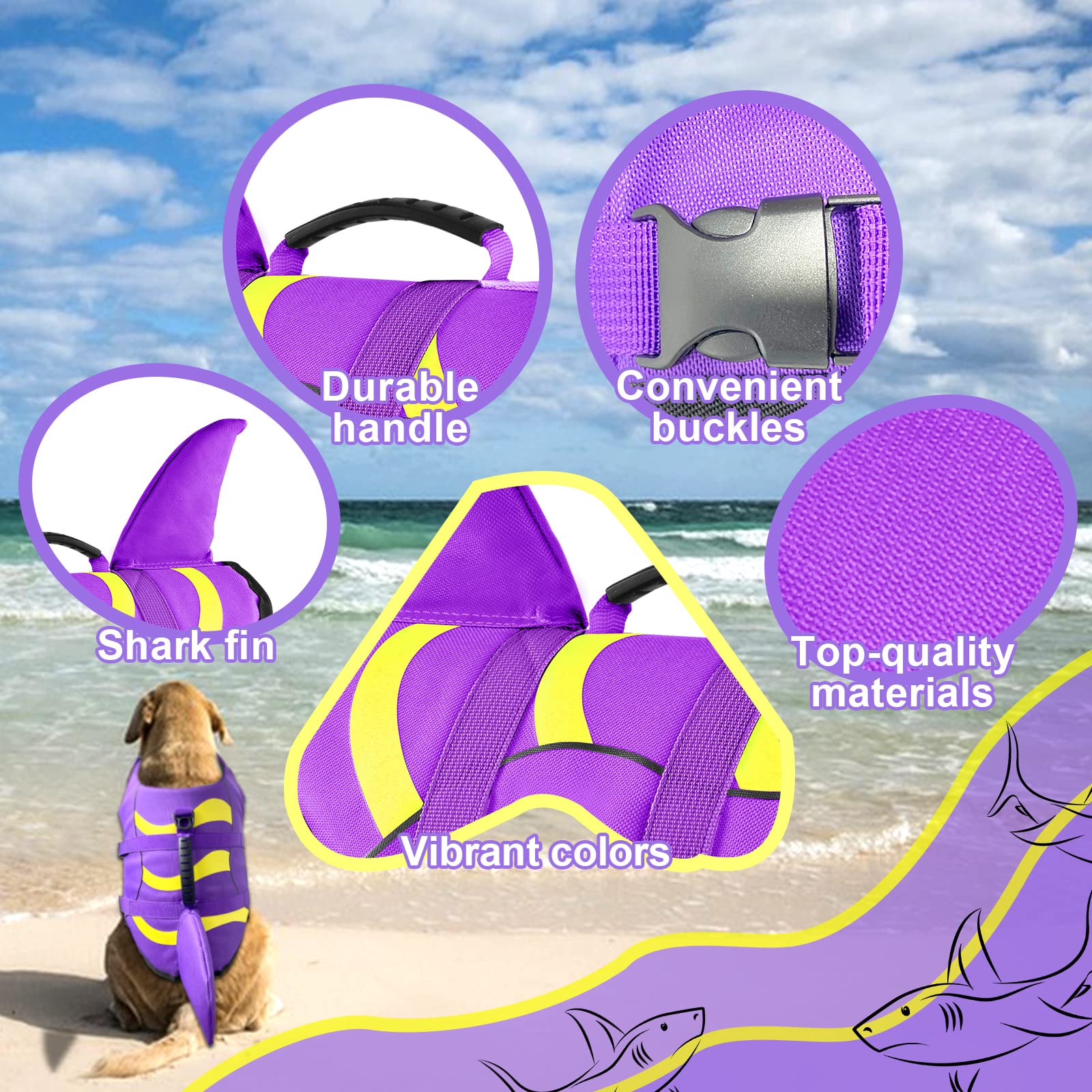Fragralley chaleco salvavidas para perros tiburón, colores vibrantes aumentan visibilidad en el agua.
