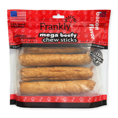 Frankly Pet palito tocino 7in en empaque, snack sabroso para perros activos.