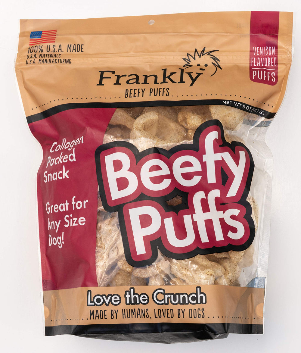 Frankly Venado Crujientes, bolsa de 5 oz: snack proteico para perros activos.